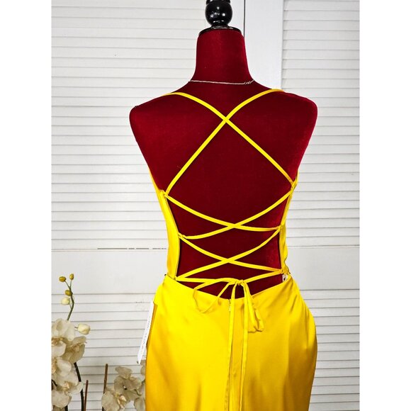 NWT Ellie Wilde Mon Cheri Sunflower Yellow Satin Long Prom Dress Size 16 1751 - Picture 6 of 16